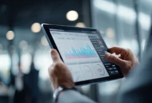 Close-up de um empresário analisando um dashboard de automação de vendas para negócios online em um tablet, com gráficos de crescimento visíveis.