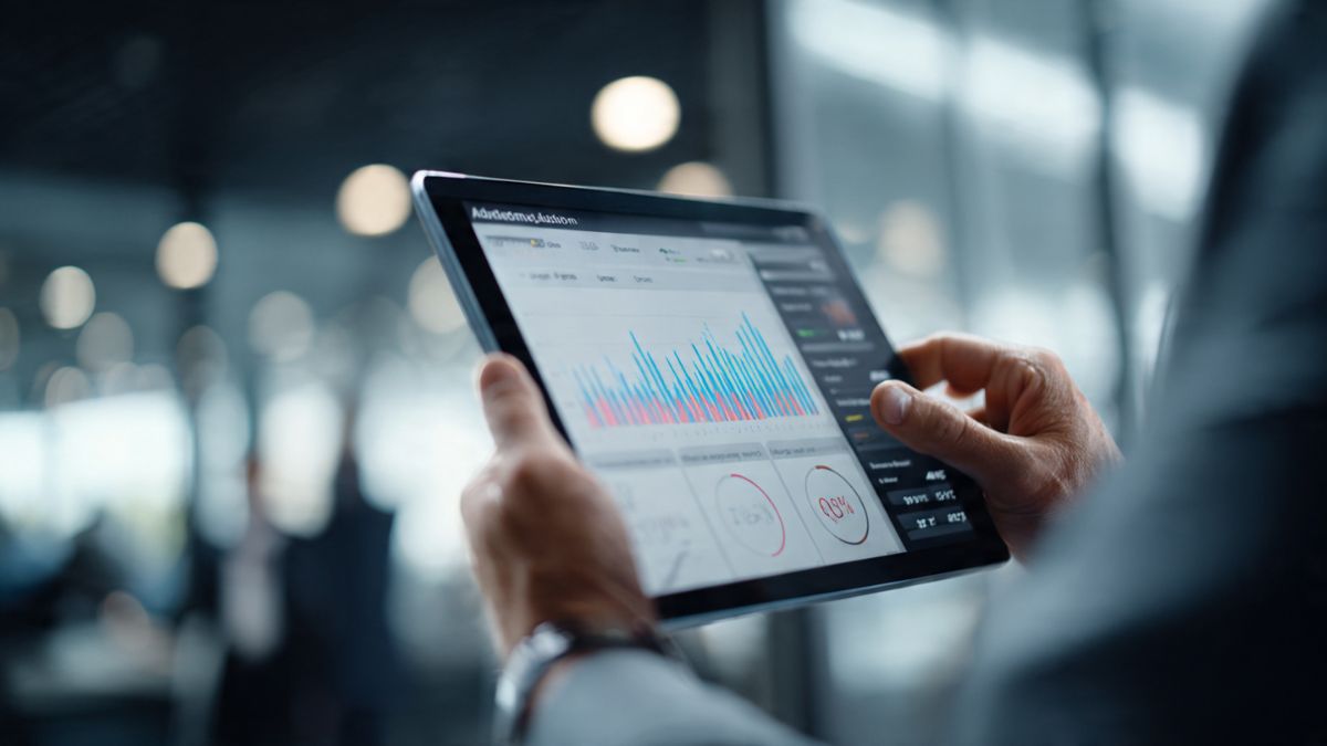 Close-up de um empresário analisando um dashboard de automação de vendas para negócios online em um tablet, com gráficos de crescimento visíveis.