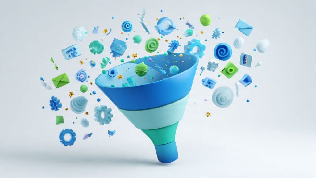 Ilustração de um funil de vendas mostrando as etapas da automação de vendas para negócios online, desde a atração de leads até a conversão.