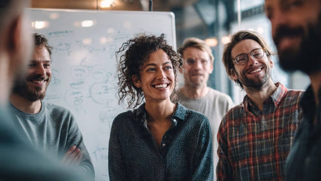 Equipe de vendas colaborando em uma estratégia de automação de vendas para negócios online, usando um quadro branco com diagramas de fluxo.