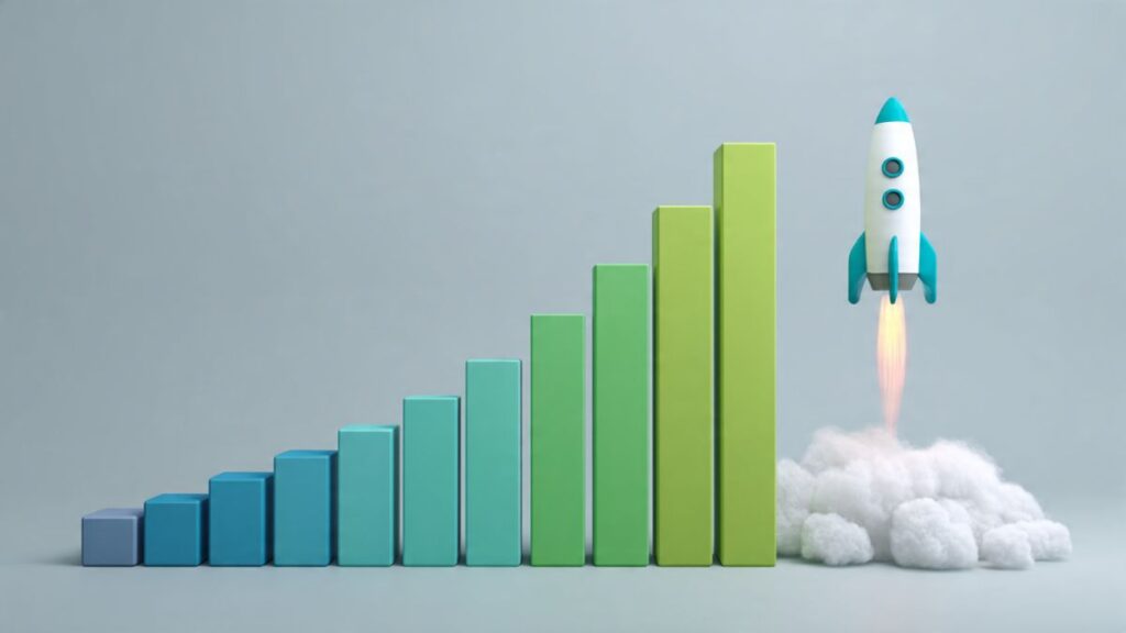 Gráfico de crescimento exponencial simbolizando o aumento de faturamento com a automação de vendas para negócios online.