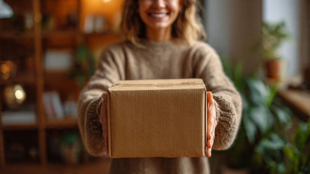 Cliente satisfeito no e-commerce recebendo um pacote com um sorriso.