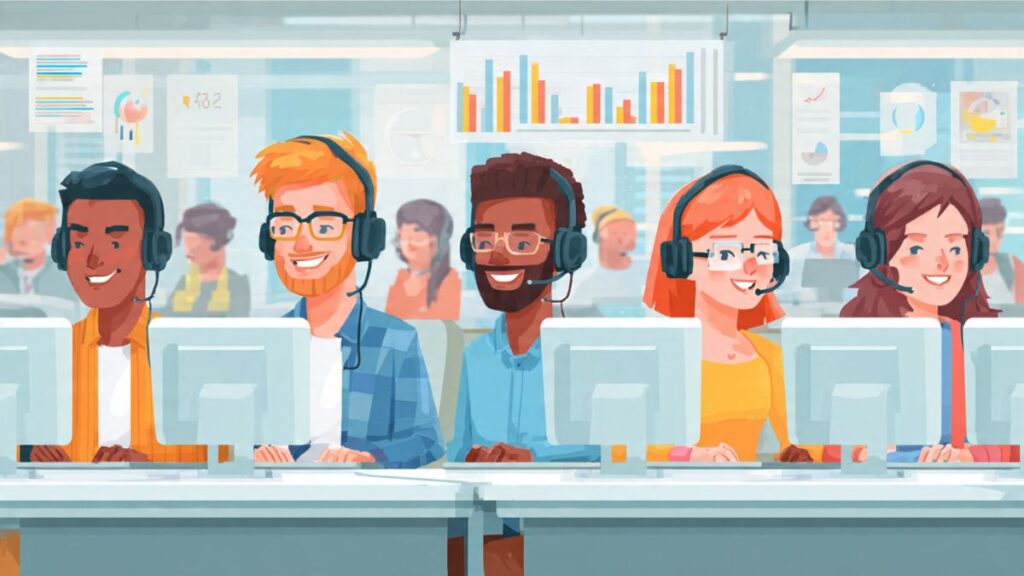 Equipe de suporte ao cliente no e-commerce utilizando tecnologia para gerenciar interações.