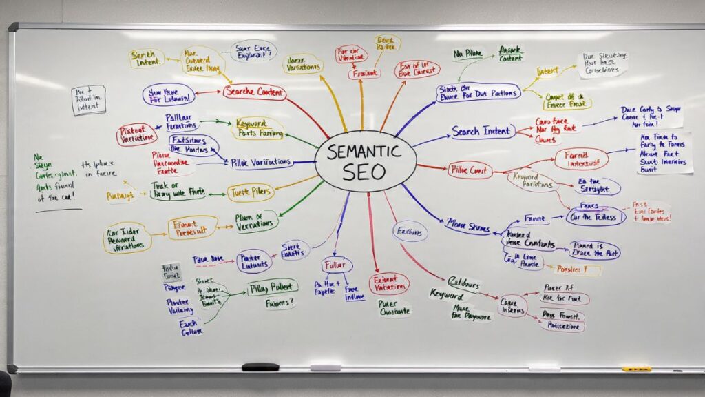 Mapa mental complexo ilustrando o SEO semântico, essencial nas estratégias avançadas para afiliados.