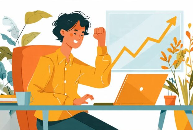 Afiliado iniciante do zero celebrando o sucesso em frente ao laptop.