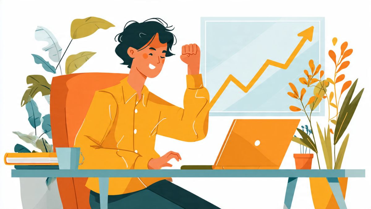 Afiliado iniciante do zero celebrando o sucesso em frente ao laptop.