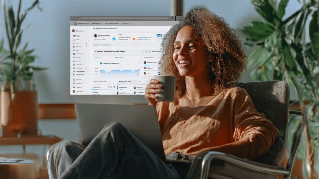 Empreendedor digital sorrindo e relaxado, observando seu painel de automação funcionar, demonstrando o sucesso de como usar o zapier para automatizar tarefas.