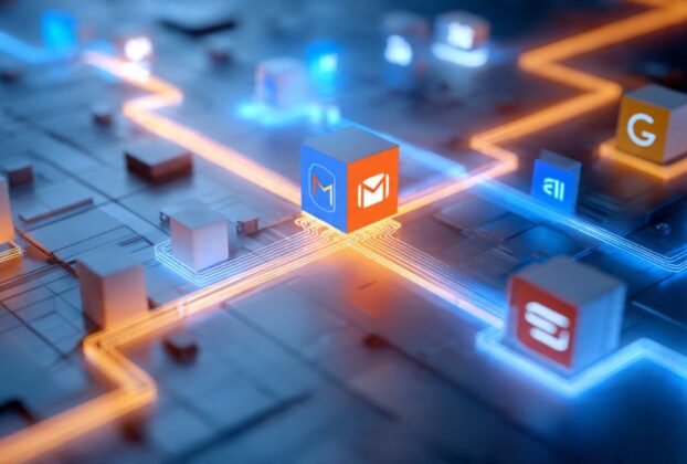 Representação visual da conexão de aplicativos, ilustrando como usar o zapier para automatizar fluxos de trabalho complexos.