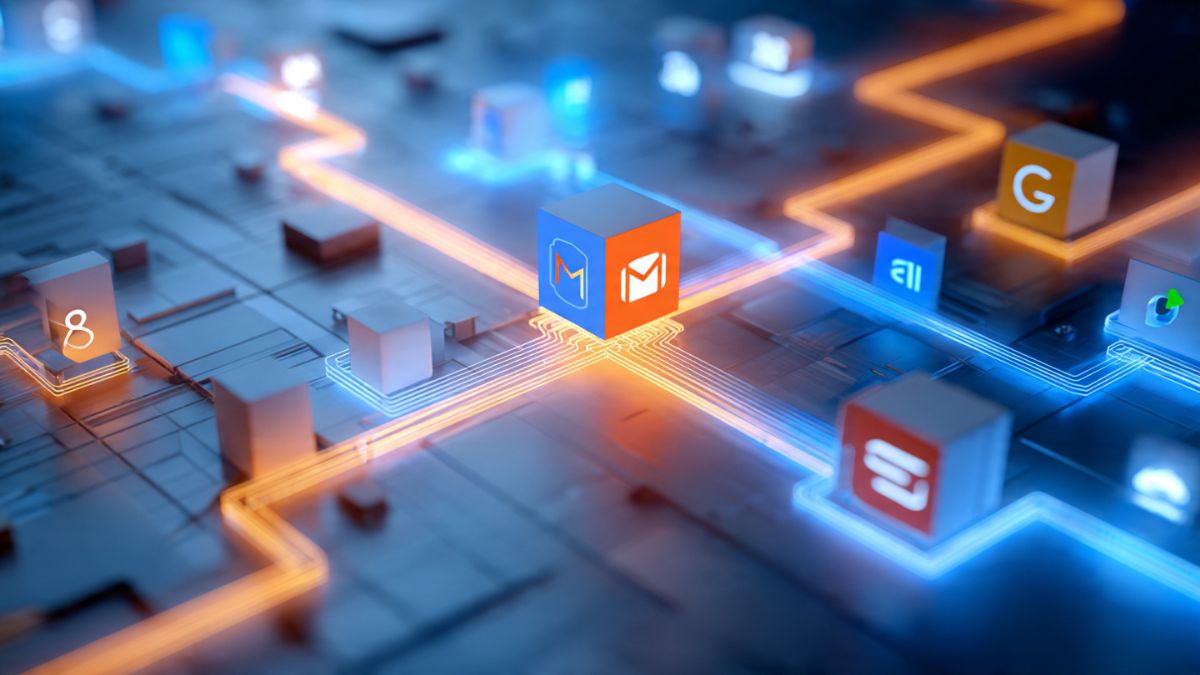 Representação visual da conexão de aplicativos, ilustrando como usar o zapier para automatizar fluxos de trabalho complexos.