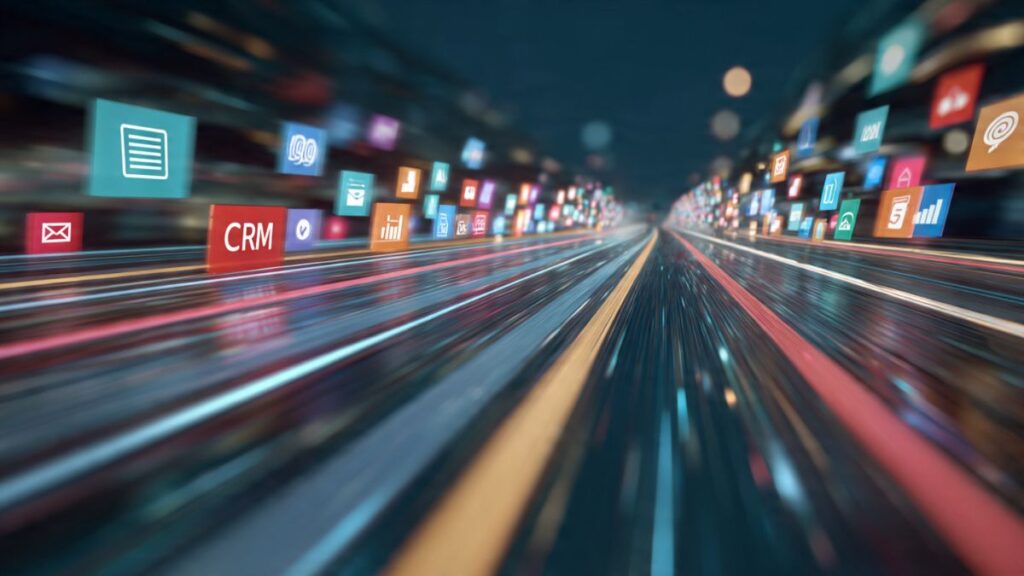 Visualização de um fluxo de trabalho otimizado e rápido, representando a eficiência alcançada ao aprender como usar o zapier para automatizar processos de negócios.