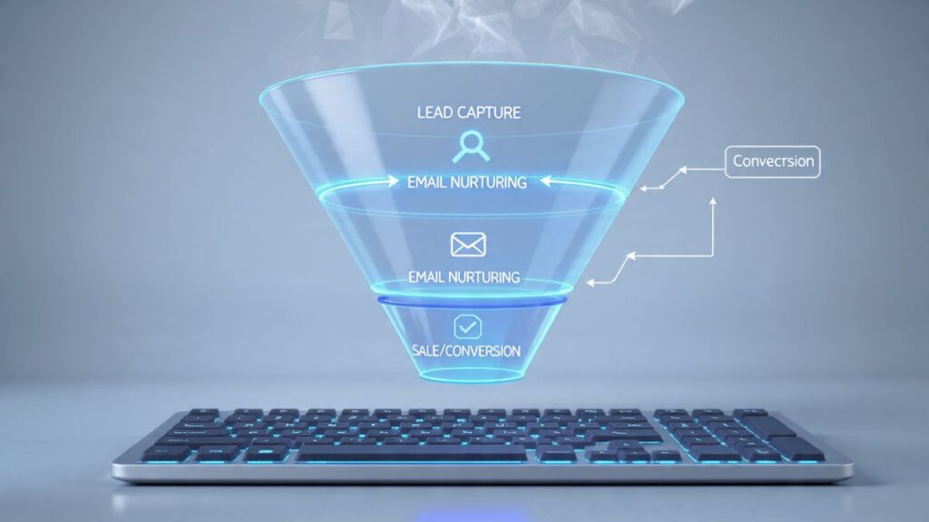 Funil de vendas digital, representando a automação das estratégias avançadas para afiliados.