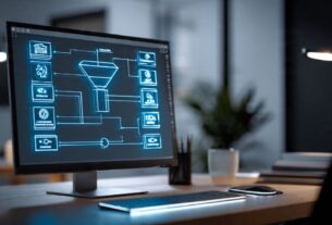 Fluxograma de funil de vendas automatizado em tela de computador com ícones de cada etapa