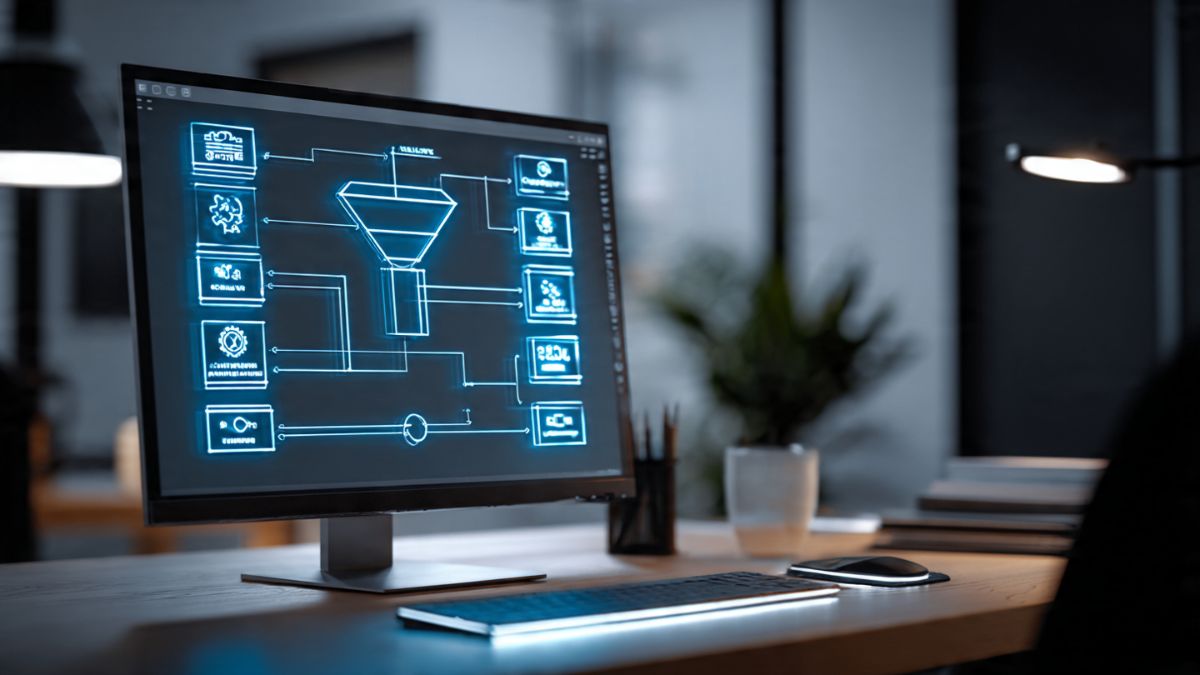 Fluxograma de funil de vendas automatizado em tela de computador com ícones de cada etapa