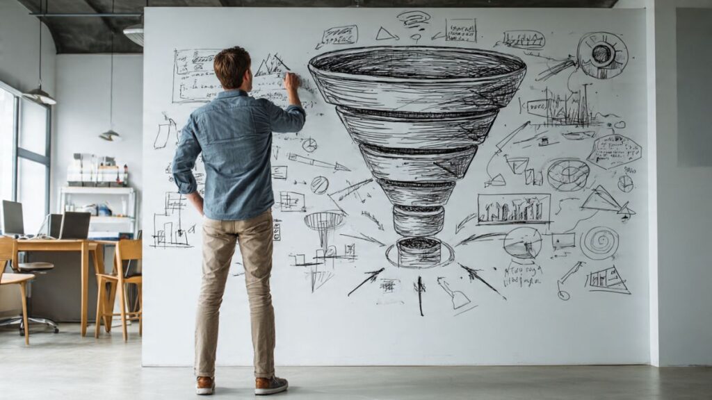 Pessoa desenhando funil de vendas automatizado em quadro branco