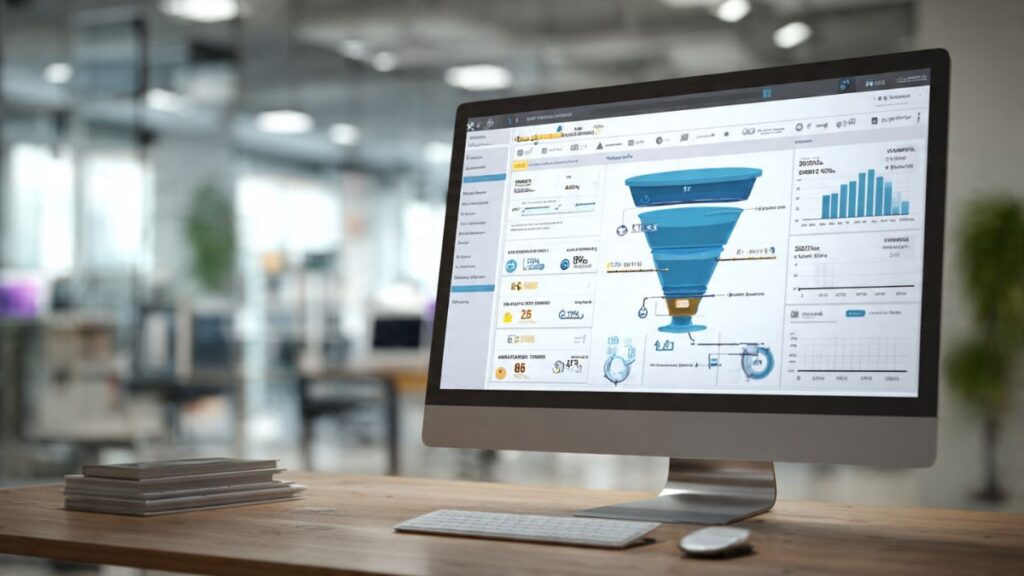 Dashboard de ferramenta de automação mostrando funil de vendas automatizado com métricas