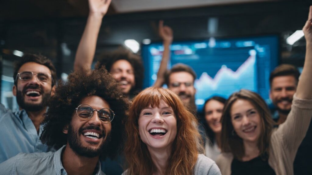 Equipe de vendas comemorando resultados do funil de vendas automatizado