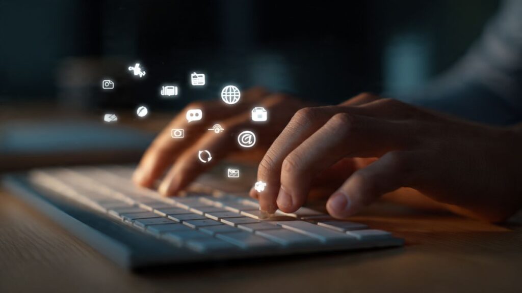 Mãos digitando em um teclado com ícones flutuantes das 12 ferramentas de integrações para automatizar seu marketing.