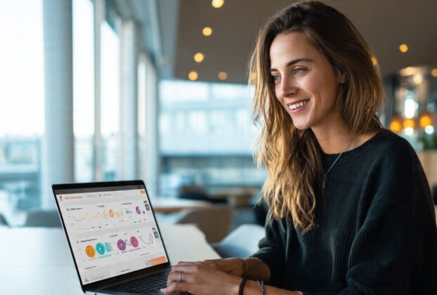 Profissional de marketing usando integrações para automatizar seu marketing em um painel digital.