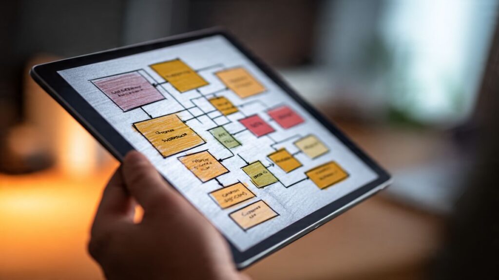 Afiliado iniciante do zero pesquisando nichos de mercado em um tablet. 