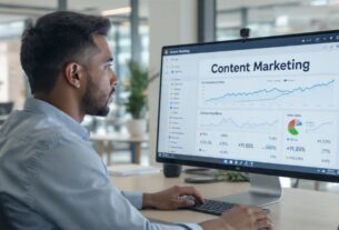 Profissional de marketing de conteúdo analisando dados de e-commerce em um painel digital.