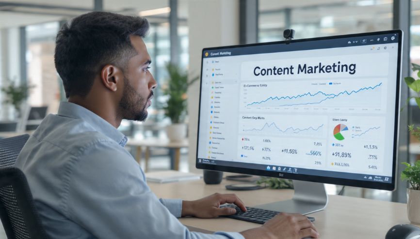 Profissional de marketing de conteúdo analisando dados de e-commerce em um painel digital.