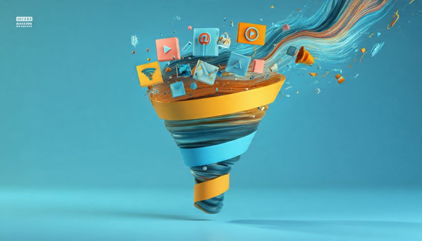 Representação visual de um funil de vendas com o marketing de conteúdo em cada etapa.