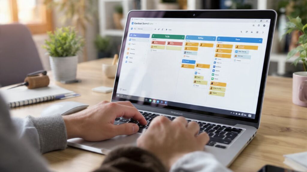 Quadro Kanban digital em um monitor, ilustrando a gestão de tarefas e a organização pessoal para profissionais digitais.