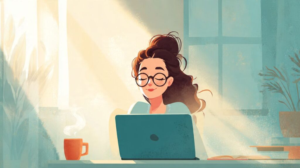 Profissional digital finalizando o dia de trabalho com um sentimento de dever cumprido e organização pessoal para profissionais digitais.