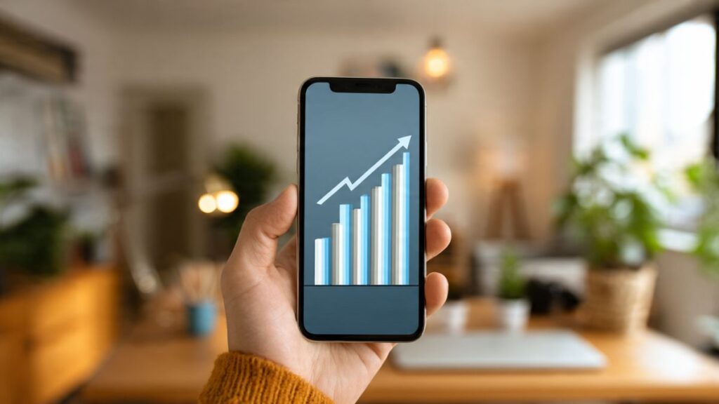 Gráfico de crescimento em um smartphone, simbolizando o potencial de lucro nas plataformas de afiliados para ganhar dinheiro.