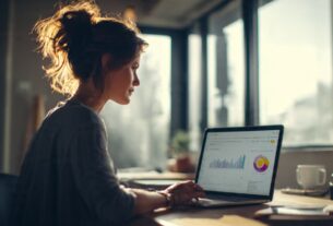 Empreendedor digital focado e produtivo trabalhando em seu notebook com um crm automatizado.