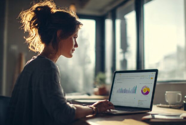 Empreendedor digital focado e produtivo trabalhando em seu notebook com um crm automatizado.