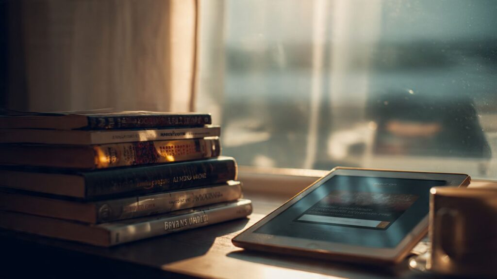 Pilha de livros e um tablet com a página do programa de afiliados da amazon aberta, representando o nicho de conteúdo)