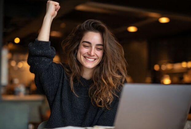 Jovem empreendedor sorrindo em frente ao laptop, celebrando o sucesso com o programa de afiliados da amazon.