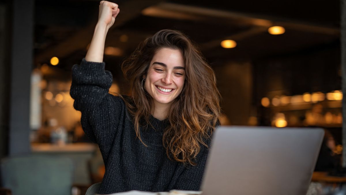 Jovem empreendedor sorrindo em frente ao laptop, celebrando o sucesso com o programa de afiliados da amazon.