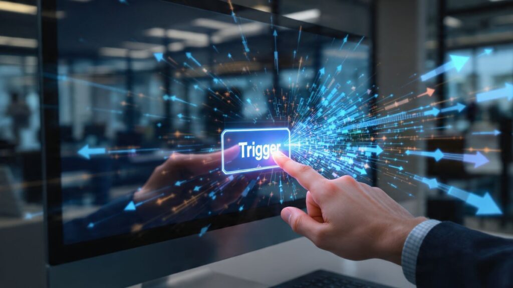 Diagrama realista mostrando a lógica de um Zap, com um evento de Trigger (Gatilho) levando a uma Action (Ação), explicando como usar o zapier para automatizar.