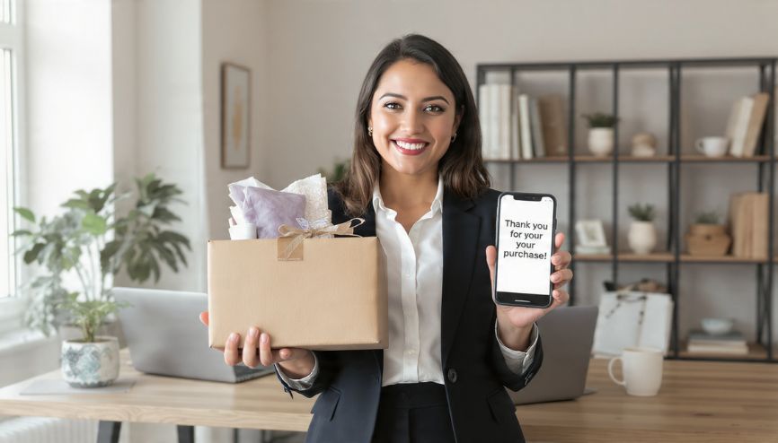 Cliente sorridente recebendo um pacote, resultado da eficiência da automação para e-commerce.