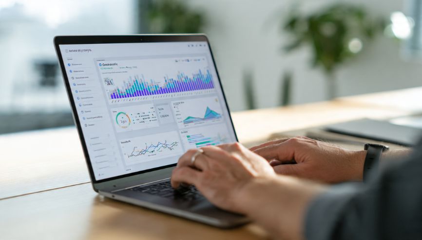 Mãos digitando em um laptop com o relatório de tráfego orgânico do Google Analytics.