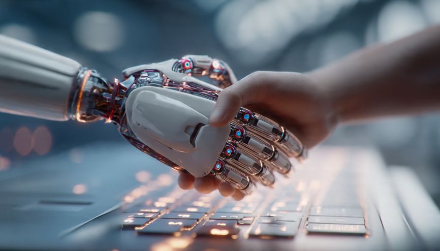 Mãos humanas apertando as mãos de robôs, representando a automação para e-commerce.