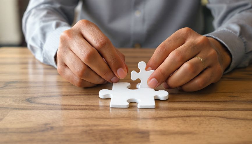 Mãos montando um quebra-cabeça, simbolizando o mindset de produtividade