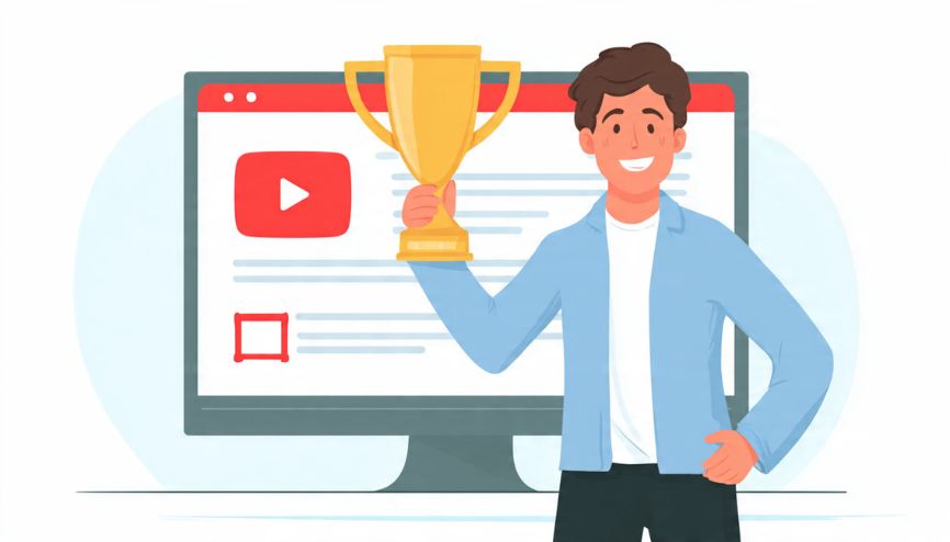 Pessoa celebrando o sucesso do seo para youtube com um troféu