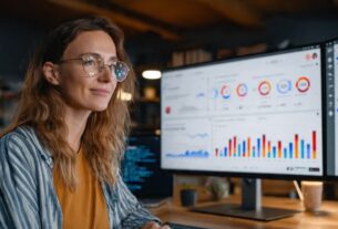 Profissional de SEO analisando dados de Google Analytics em um painel moderno