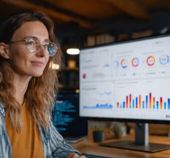 Profissional de SEO analisando dados de Google Analytics em um painel moderno