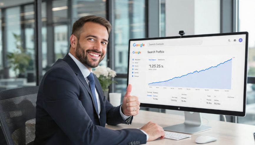 Profissional de SEO celebrando o sucesso do tutorial Google Search Console