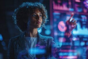 Profissional de marketing analisando dados de inteligência artificial em um painel holográfico