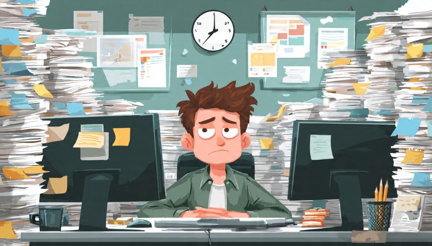 Um trabalhador sobrecarregado, cercado por papéis e tarefas, ilustrando erros de produtividade