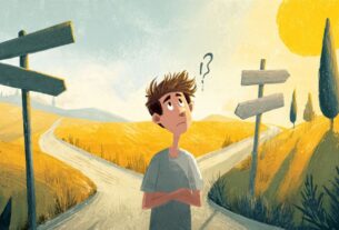 Uma pessoa confusa em uma encruzilhada, simbolizando erros de produtividade e decisões.