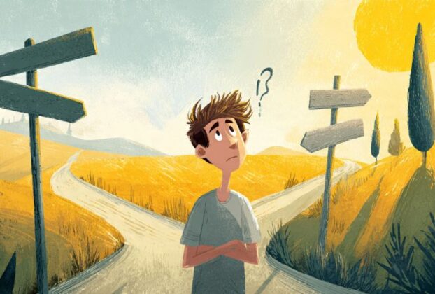 Uma pessoa confusa em uma encruzilhada, simbolizando erros de produtividade e decisões.