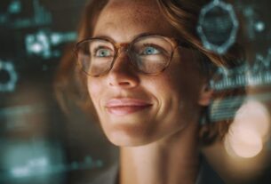 Visão futurista de um profissional sorrindo com a produtividade com ia