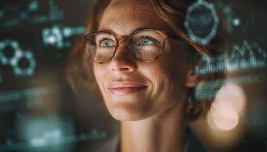 Visão futurista de um profissional sorrindo com a produtividade com ia