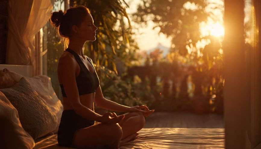 Mulher empreendedora praticando um hábito de alta performance: meditação matinal